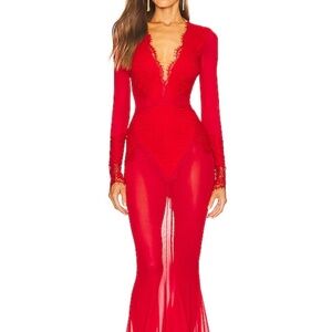 Michael Costello Lace Mesh Maxi Red Gown